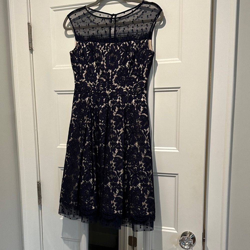 Elegant navy lace dress, polka dot neckline & hem.